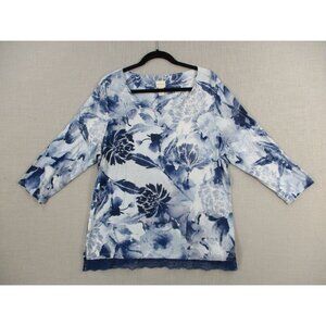 Chicos Womens Blue & White Floral Print 3/4 Sleeve Tunic Top With Lace Hem Size